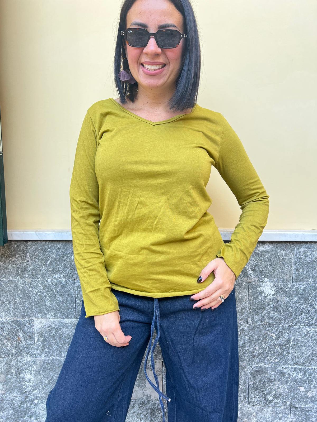 Maglia Manica Lunga Scollo V Lime