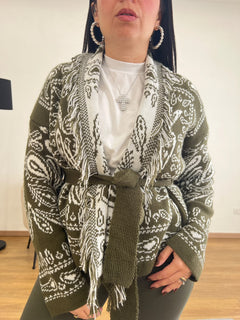 Cardigan con cintura e frange Verde 8976