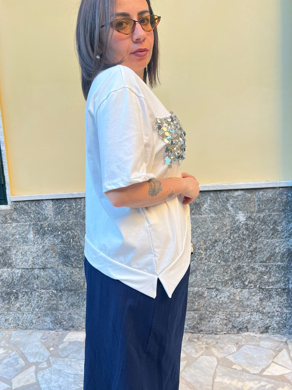 Shirt Taschino Pailettes Bianca 7854