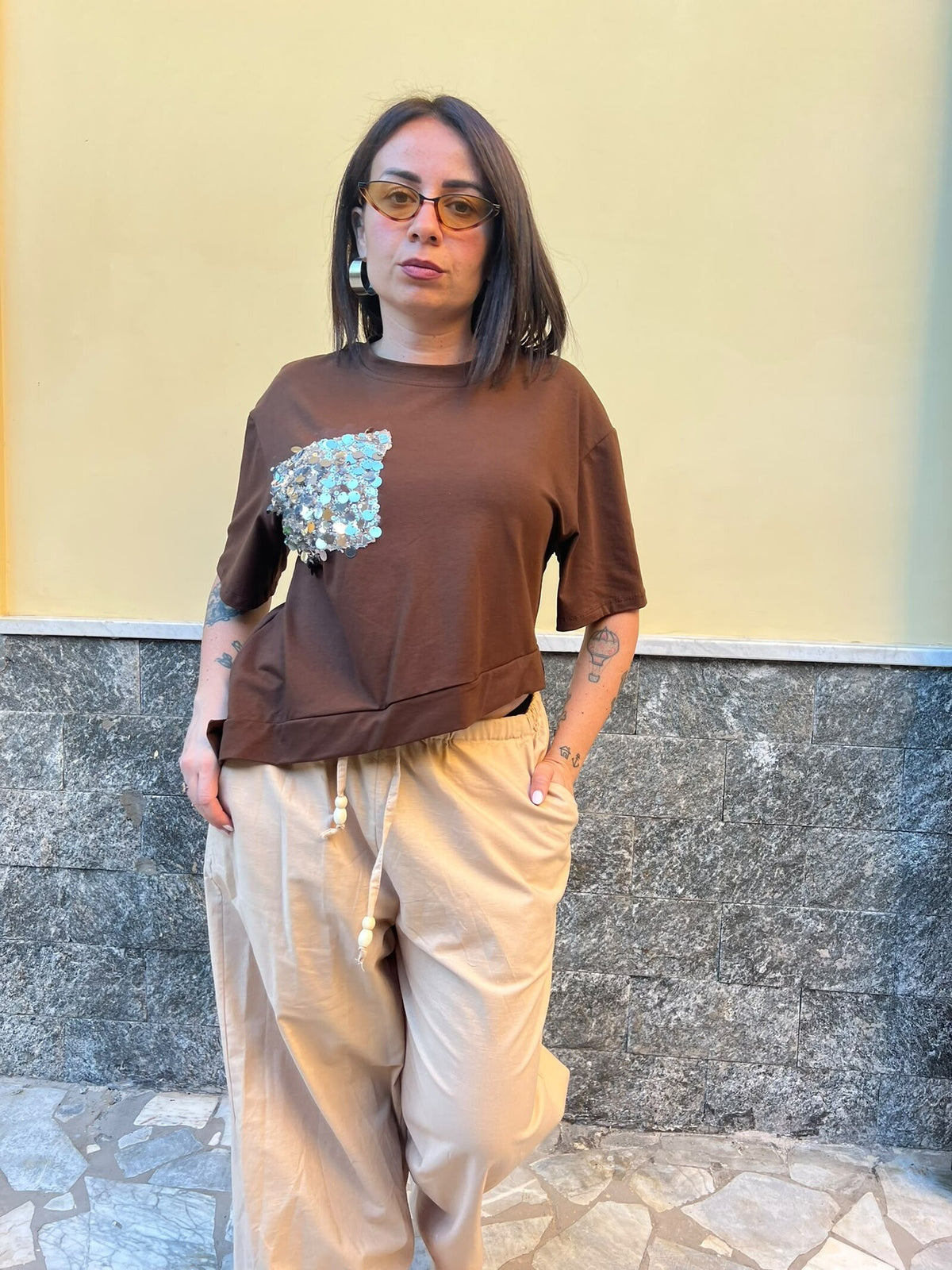 Shirt Taschino Pailettes Marrone 7854