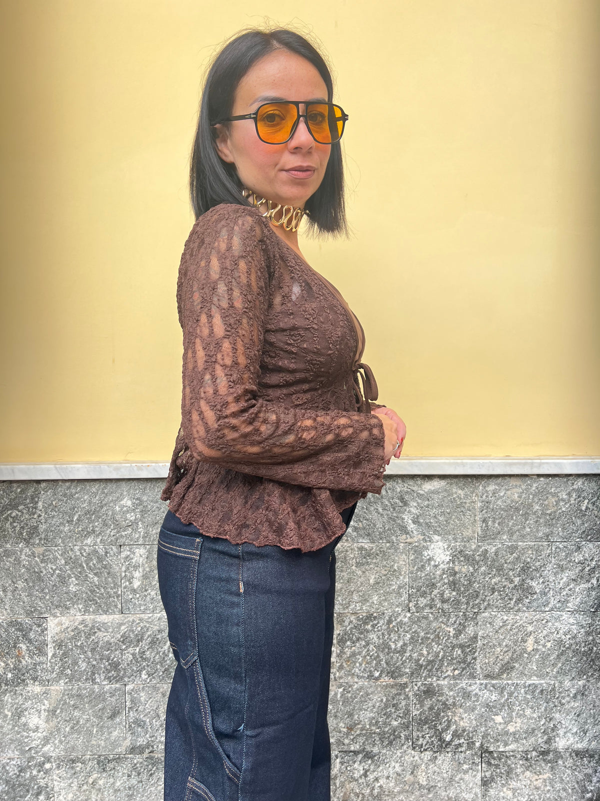 Cardigan Merletto Marrone