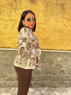Cardigan con cintura e frange Marrone 8976