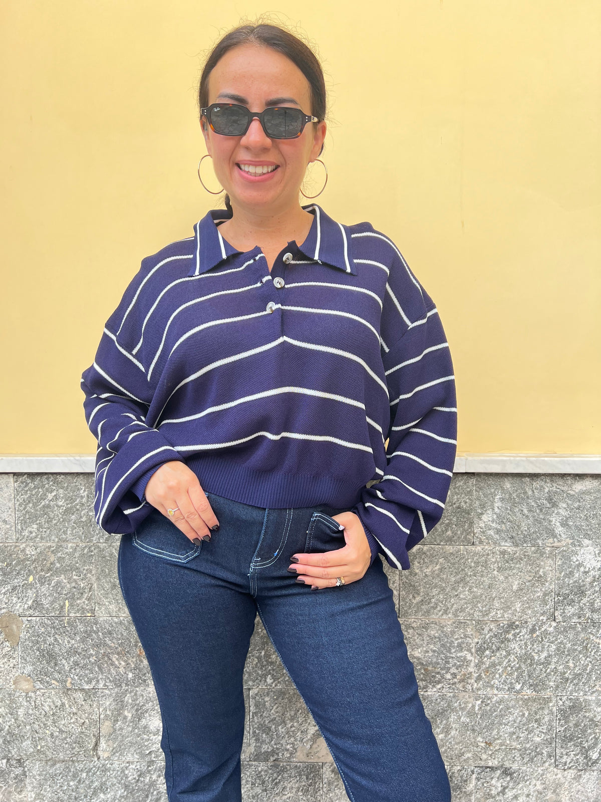 Polo Righe in Filo Blu