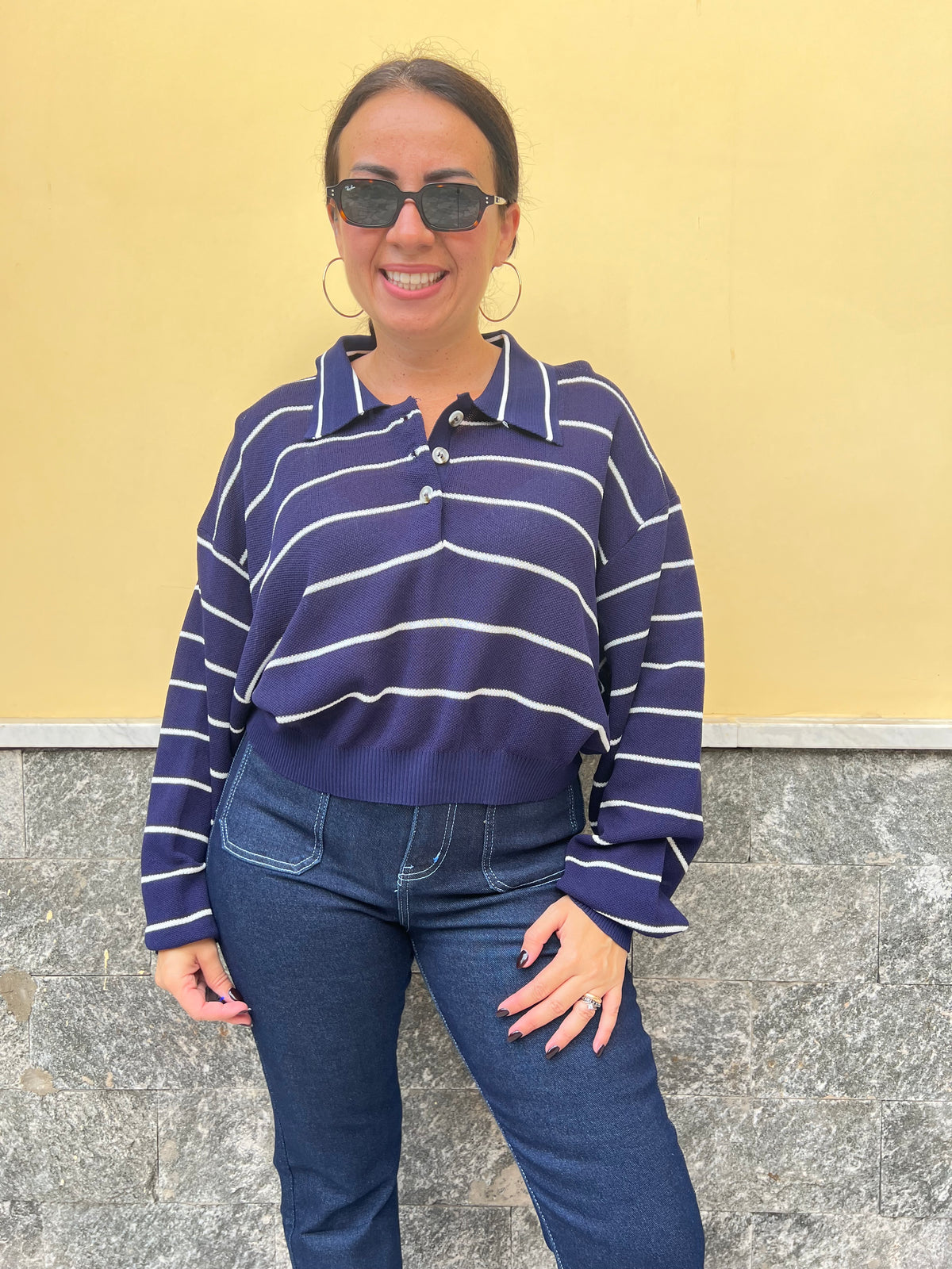 Polo Righe in Filo Blu