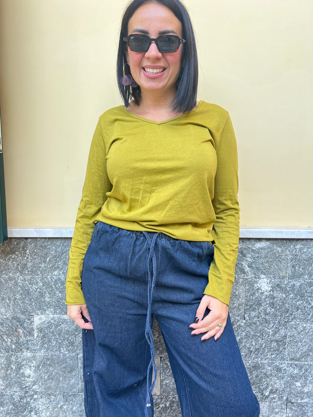 Maglia Manica Lunga Scollo V Lime