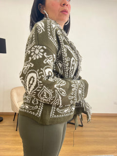 Cardigan con cintura e frange Verde 8976