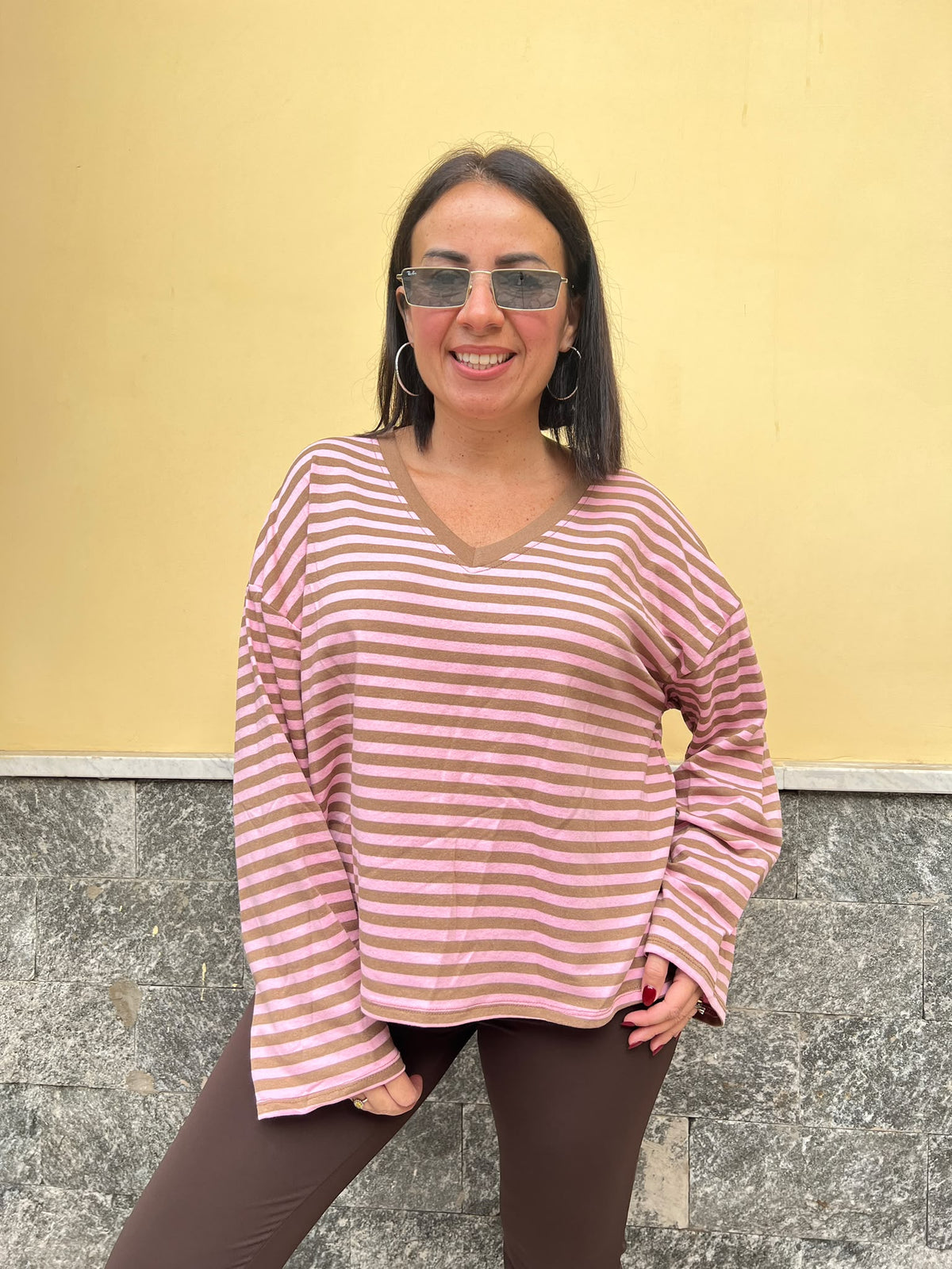 Maglia righe scollo V488 Rosa