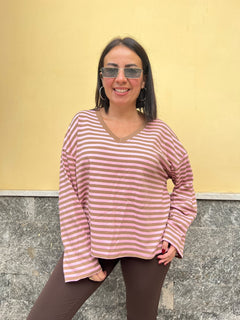 Maglia righe scollo V488 Rosa