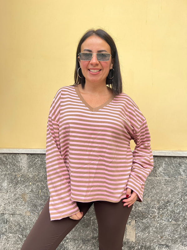 Maglia righe scollo V488 Rosa