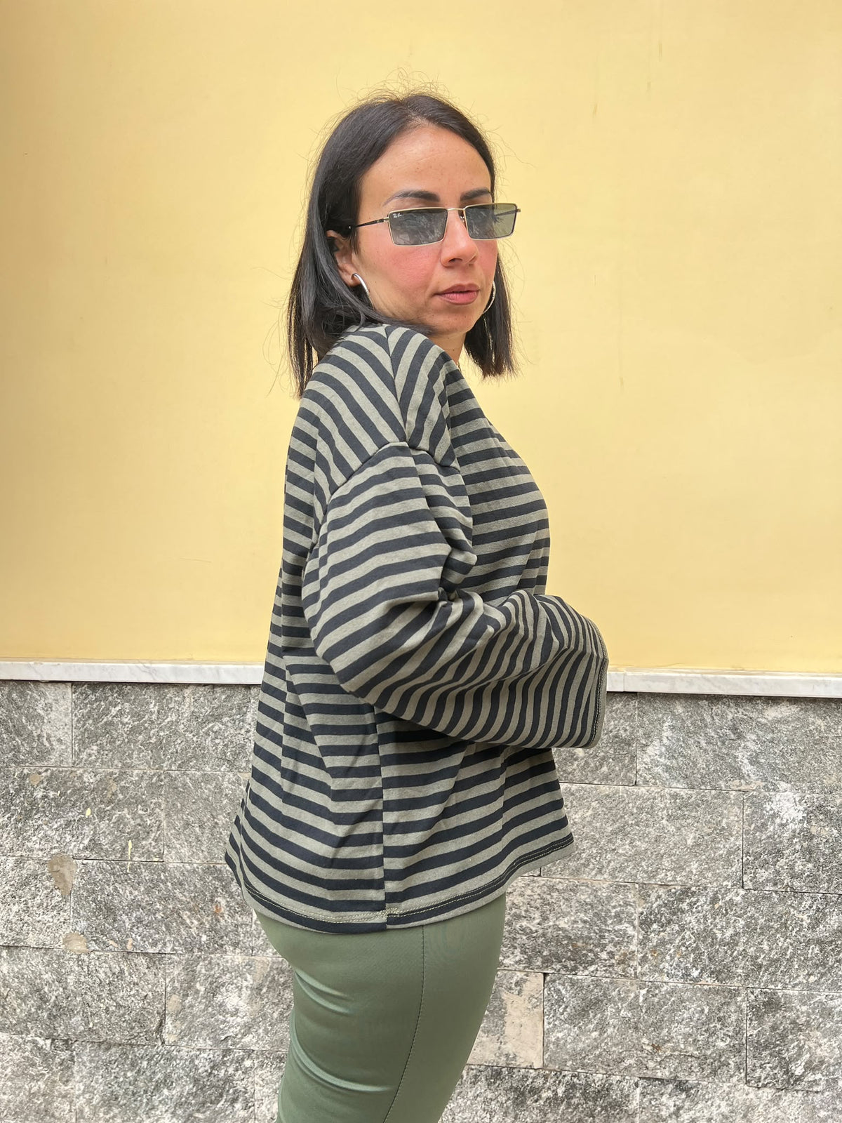 Maglia righe scollo V488 Verde