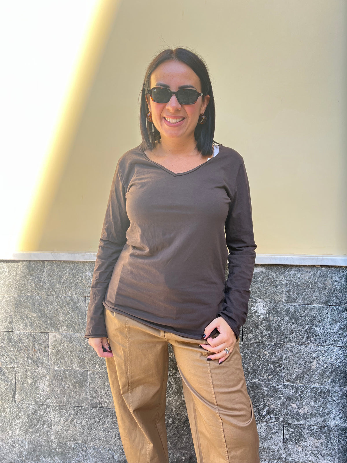 Maglia Manica Lunga Scollo V Marrone