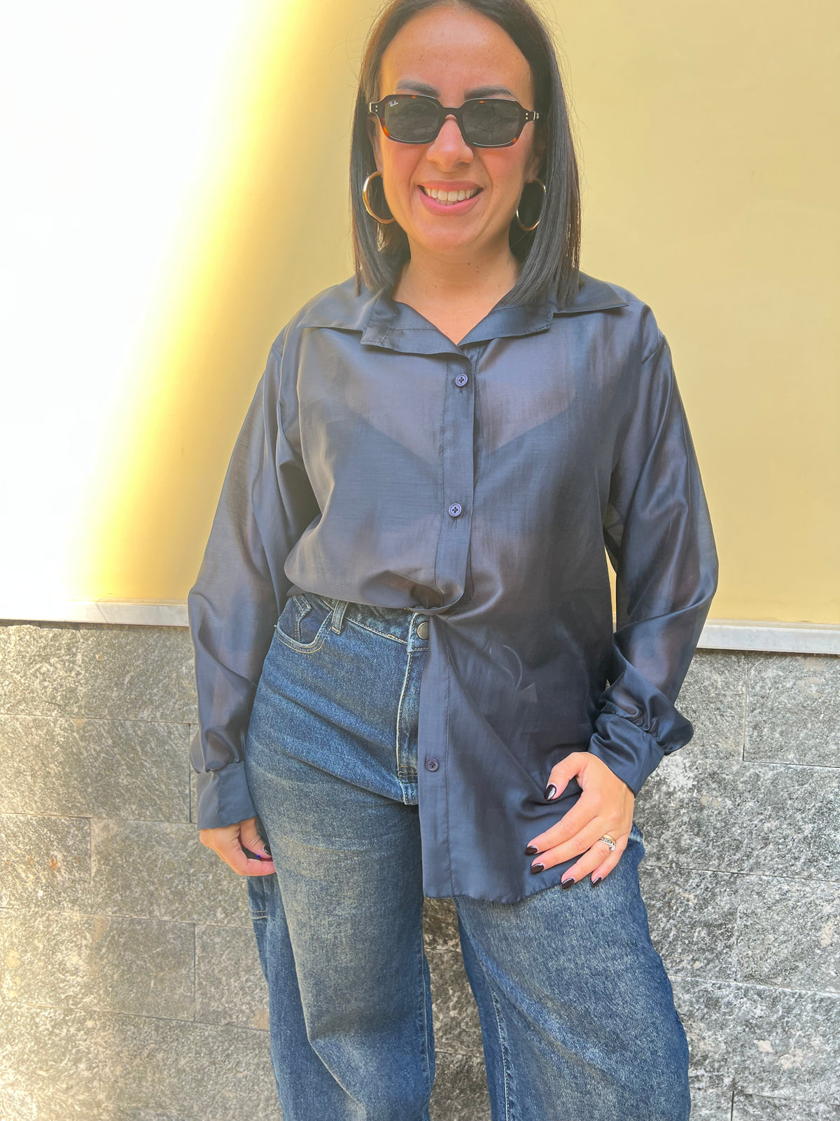 Camicia Over Velo Blu
