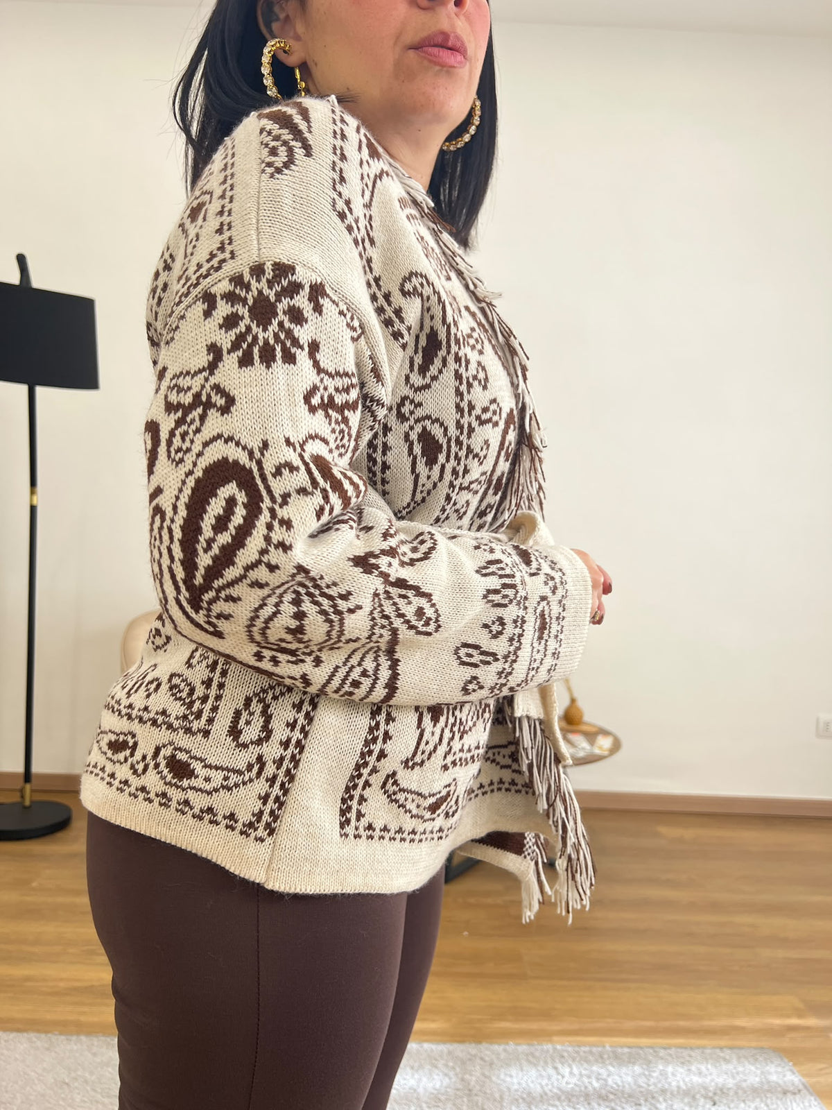 Cardigan con cintura e frange Marrone 8976
