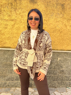 Cardigan con cintura e frange Marrone 8976