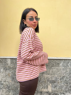 Maglia righe scollo V488 Rosa